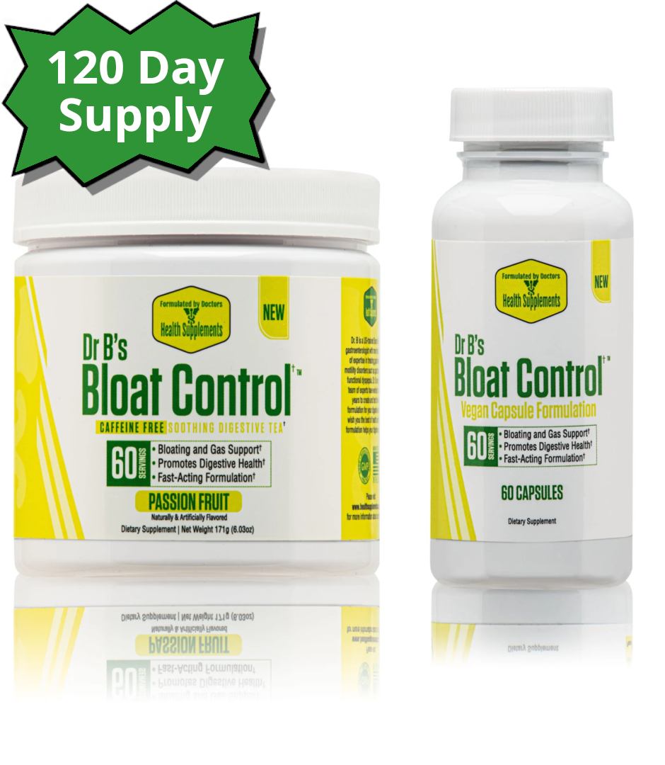 A bottle of bloat control and a container of bloat control.