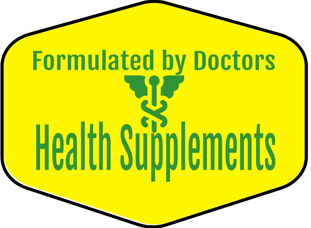 A yellow sign with the words formulated by doctors health supplements.
